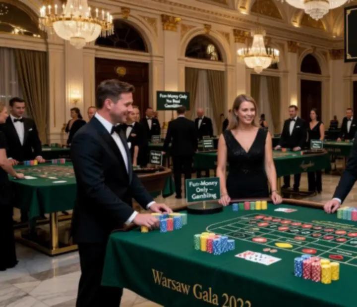 Casino Royale Gala w Warszawie z eleganckimi stołami do ruletki i pokera oraz nastrojowym oświetleniem