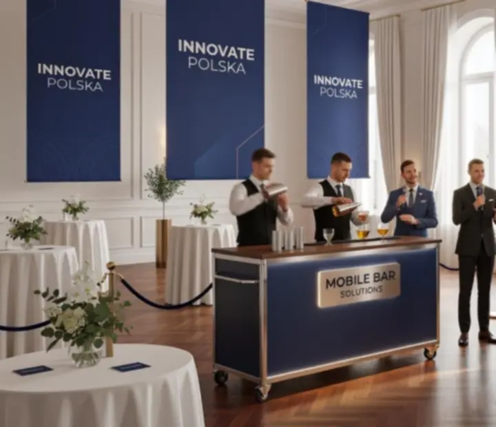 Elegancki event korporacyjny z dekoracjami i strefą barową