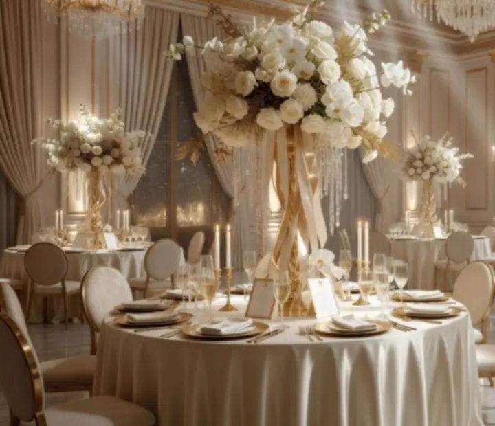 Luksusowy wystrój wnętrza na evencie premium ze światłem, dekoracjami i eleganckimi dodatkami