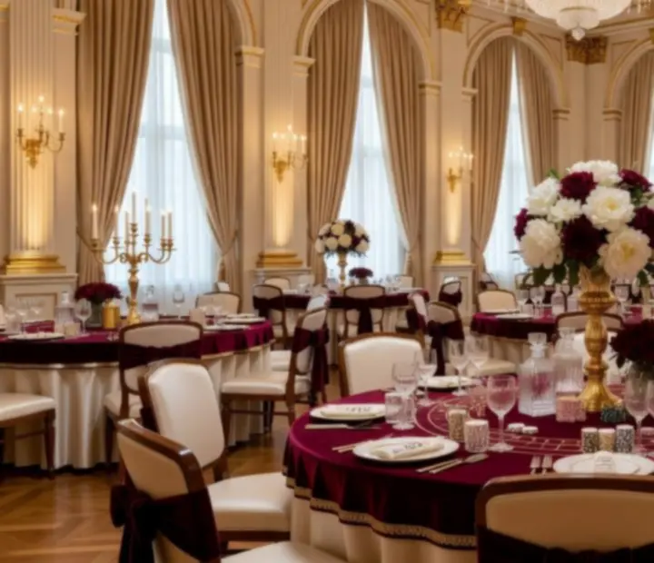 Elegancka aranżacja sali eventowej z podświetlonymi stołami kasynowymi i dekoracjami w stylu glamour