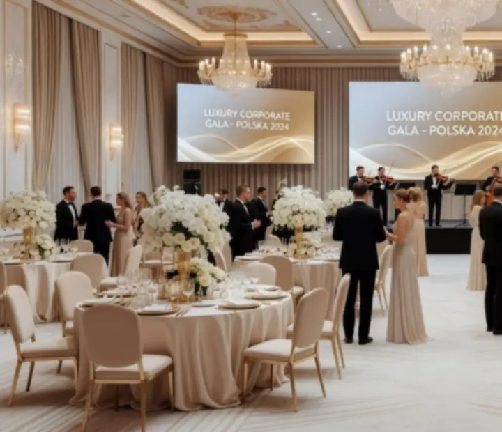 Elegantnie zaaranżowana sala eventowa z tematycznymi stołami w stylu kasyna na żetony fun-money
