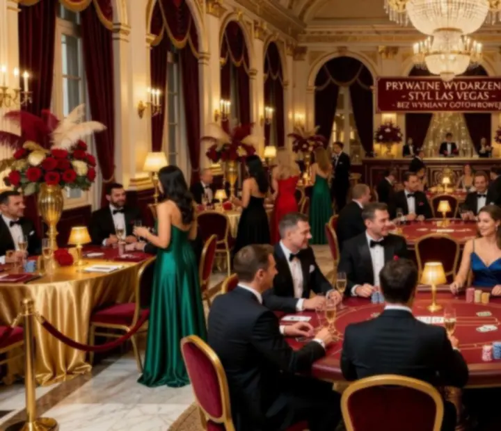 Prywatna impreza urodzinowa w stylu Las Vegas z eleganckimi stołami do pokera i dekoracjami świetlnymi