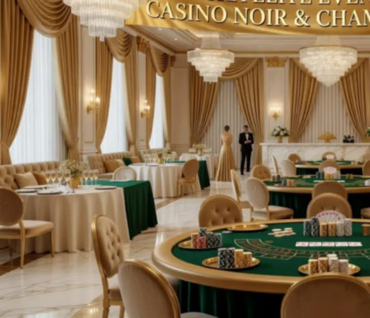 Elegancka sala balowa w stylu kasyna z profesjonalnymi stołami i oświetleniem