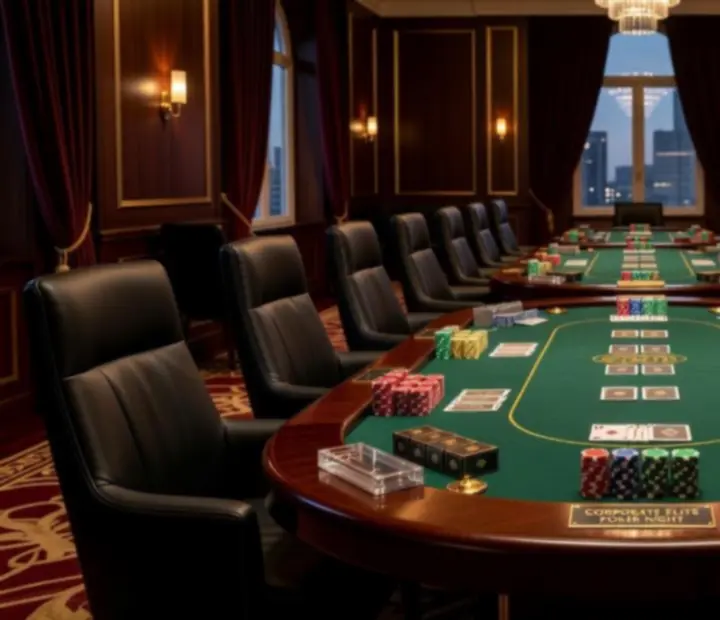 Zestaw profesjonalnych stołów pokerowych przygotowanych na wydarzenie tematyczne